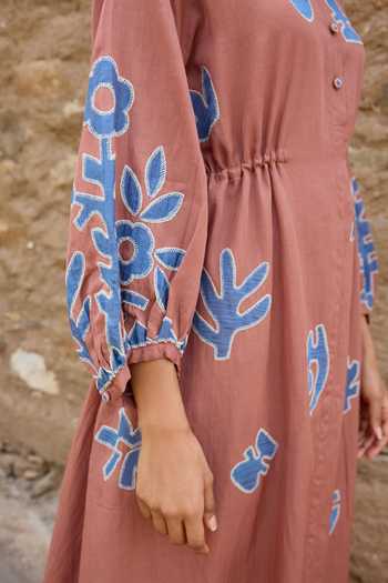 Ayaka_Brown Cotton Mandarin Collar Hand Applique Organic Midi Dress _Online_at_Aza_Fashions