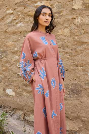 Buy_Ayaka_Brown Cotton Mandarin Collar Hand Applique Organic Midi Dress _Online_at_Aza_Fashions