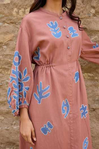 Shop_Ayaka_Brown Cotton Mandarin Collar Hand Applique Organic Midi Dress _Online_at_Aza_Fashions