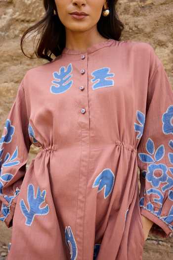 Ayaka_Brown Cotton Mandarin Collar Hand Applique Organic Midi Dress _at_Aza_Fashions