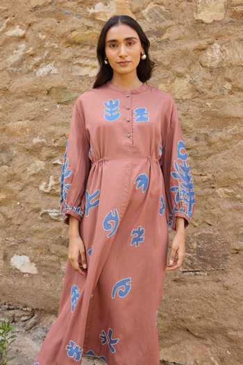 Buy_Ayaka_Brown Cotton Mandarin Collar Hand Applique Organic Midi Dress 