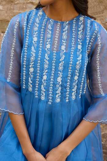 Ayaka_Blue Cotton, Silk Organza Round Neck, Yes Hand Embroidered Kurta Set _at_Aza_Fashions