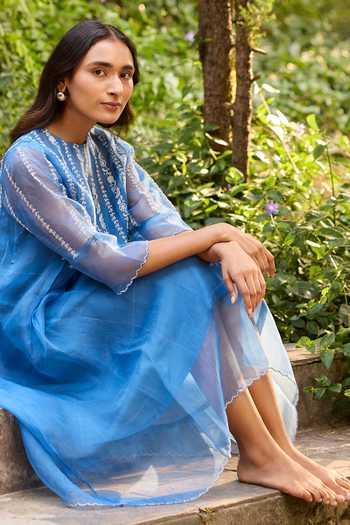 Buy_Ayaka_Blue Cotton, Silk Organza Round Neck, Yes Hand Embroidered Kurta Set 
