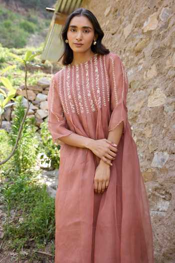 Ayaka_Brown Cotton Round Neck Hand Embroidered Straight Kurta Set _at_Aza_Fashions