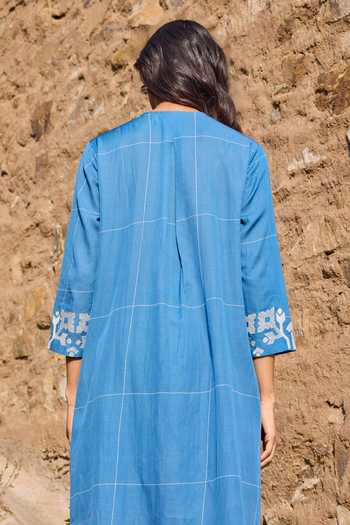 Ayaka Blue Cotton Round Neck, Yes Embroidered Panel Kurta And Pant Set Online at Aza Fashions Ayaka_Blue Cotton Round Neck, Yes Embroidered Panel Kurta And Pant Set _Online_at_Aza_Fashions