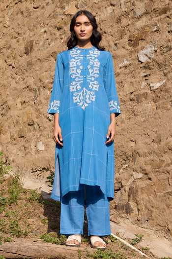 Buy Ayaka Blue Cotton Round Neck, Yes Embroidered Panel Kurta And Pant Set Buy_Ayaka_Blue Cotton Round Neck, Yes Embroidered Panel Kurta And Pant Set