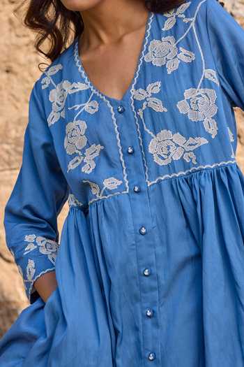 Shop_Ayaka_Blue Cotton V-neck, Yes Hand Embroidered Kurta With Trouser _Online_at_Aza_Fashions