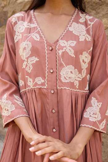Ayaka_Brown Cotton V-neck, Yes Hand Embroidered Kurta Set _at_Aza_Fashions