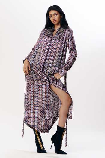 Shop AK-OK Multi Color Silk Collared Neck Printed Shirt Dress Online at Aza Fashions Shop_AK-OK_Multi Color Silk Collared Neck Printed Shirt Dress _Online_at_Aza_Fashions