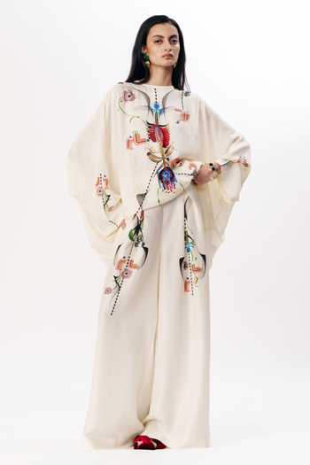 AK-OK Multi Color Silk Round Neck, Yes Motif Print Boxy Kurta And Pleated Trouser Set Online at Aza Fashions AK-OK_Multi Color Silk Round Neck, Yes Motif Print Boxy Kurta And Pleated Trouser Set _Online_at_Aza_Fashions