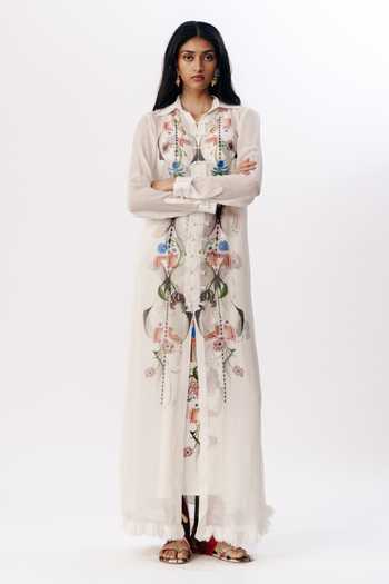 AK-OK_Multi Color Silk Scoop Neck, Collared Printed Layered Maxi Dress And Shirt Set _Online_at_Aza_Fashions