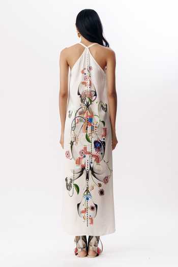 AK-OK Printed Layered Silk Maxi Dress & Shirt Set 