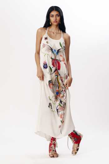 Shop_AK-OK_Multi Color Silk Scoop Neck, Collared Printed Layered Maxi Dress And Shirt Set _Online_at_Aza_Fashions