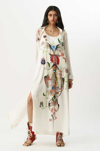 AK-OK Printed Layered Silk Maxi Dress & Shirt Set 