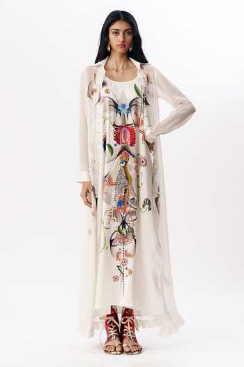 AK-OK_Multi Color Silk Scoop Neck, Collared Printed Layered Maxi Dress And Shirt Set _at_Aza_Fashions