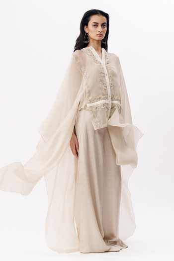 AK-OK_Ivory Organza V-neck Chikankari Embroidered Cape Trouser Set _Online_at_Aza_Fashions