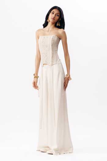 Buy AK-OK Ivory Organza Embroidery Bandeau Neck Chikankari Work Corset And Trouser Set Online at Aza Fashions Buy_AK-OK_Ivory Organza Embroidery Bandeau Neck Chikankari Work Corset And Trouser Set _Online_at_Aza_Fashions