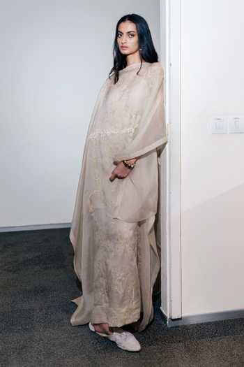 Shop AK-OK Ivory Organza Boat Neck Chikankari Work Kaftan Dress at Aza Fashions Shop_AK-OK_Ivory Organza Boat Neck Chikankari Work Kaftan Dress _at_Aza_Fashions
