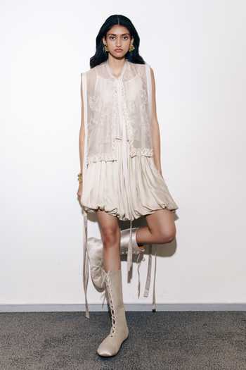 AK-OK Ivory Organza Mandarin Collar, Bandeau Neck Chikankari Jacket And Skirt Set at Aza Fashions AK-OK_Ivory Organza Mandarin Collar, Bandeau Neck Chikankari Jacket And Skirt Set _at_Aza_Fashions