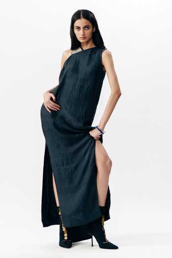 AK-OK Black Silk One Shoulder Dress Online at Aza Fashions AK-OK_Black Silk One Shoulder Dress _Online_at_Aza_Fashions