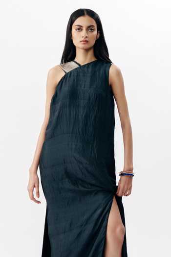 Buy AK-OK Black Silk One Shoulder Dress Buy_AK-OK_Black Silk One Shoulder Dress