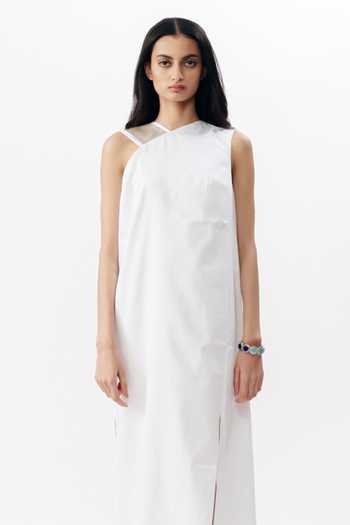 Shop AK-OK White Cotton One Shoulder Dress Online at Aza Fashions Shop_AK-OK_White Cotton One Shoulder Dress _Online_at_Aza_Fashions
