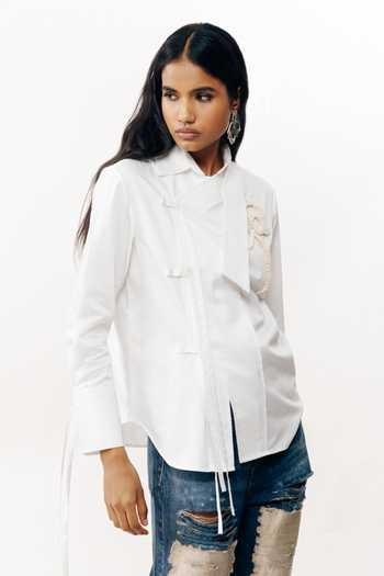 AK-OK White Cotton Mandarin Collar Placement Embroidered Shirt at Aza Fashions AK-OK_White Cotton Mandarin Collar Placement Embroidered Shirt _at_Aza_Fashions