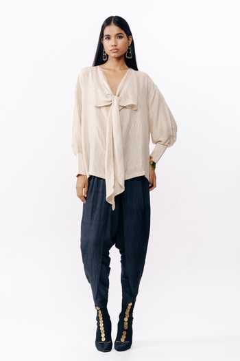 Shop AK-OK Peach Silk V-neck Draped Shirt Online at Aza Fashions Shop_AK-OK_Peach Silk V-neck Draped Shirt _Online_at_Aza_Fashions