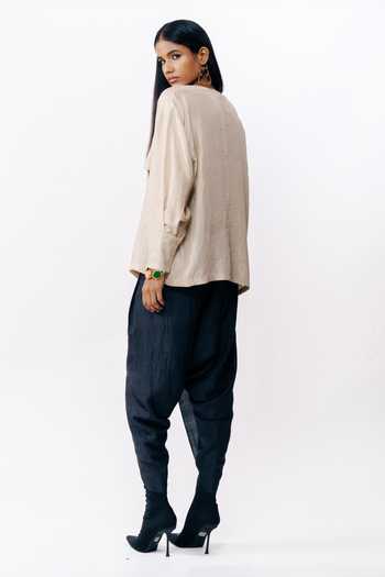 Shop AK-OK Peach Silk V-neck Draped Shirt at Aza Fashions Shop_AK-OK_Peach Silk V-neck Draped Shirt _at_Aza_Fashions