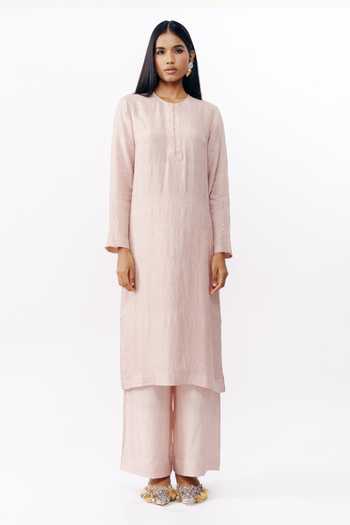 Buy_AK-OK_Pink Silk Round Neck, No Kurta And Trouser Set _Online_at_Aza_Fashions