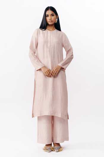 AK-OK_Pink Silk Round Neck, No Kurta And Trouser Set _at_Aza_Fashions