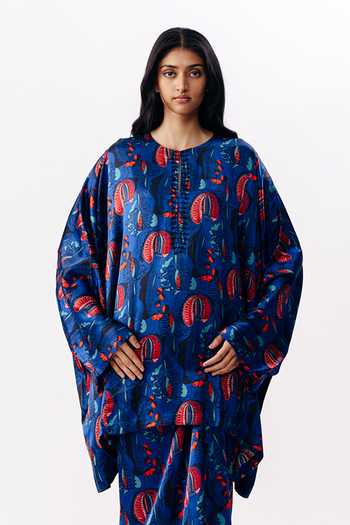 Shop AK-OK Multi Color Silk Round Neck Floral Print Boxy Kurta Shop_AK-OK_Multi Color Silk Round Neck Floral Print Boxy Kurta