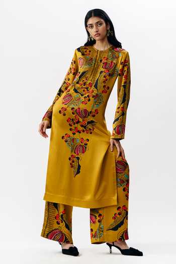 AK-OK Multi Color Silk Round Neck, Yes Printed Kurta And Trouser Set at Aza Fashions AK-OK_Multi Color Silk Round Neck, Yes Printed Kurta And Trouser Set _at_Aza_Fashions