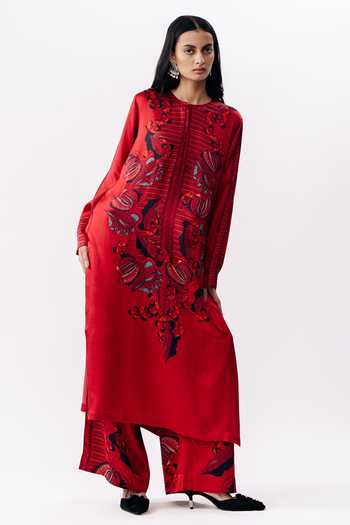 Shop AK-OK Multi Color Silk Round Neck Printed Kurta And Trouser Set Online at Aza Fashions Shop_AK-OK_Multi Color Silk Round Neck Printed Kurta And Trouser Set _Online_at_Aza_Fashions