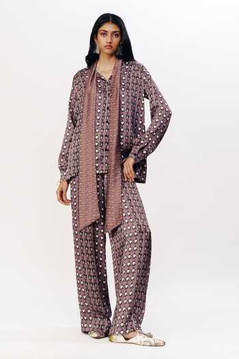 AK-OK Multi Color Silk Open Neck Abstract Print Shirt And Pyjama Set at Aza Fashions AK-OK_Multi Color Silk Open Neck Abstract Print Shirt And Pyjama Set _at_Aza_Fashions