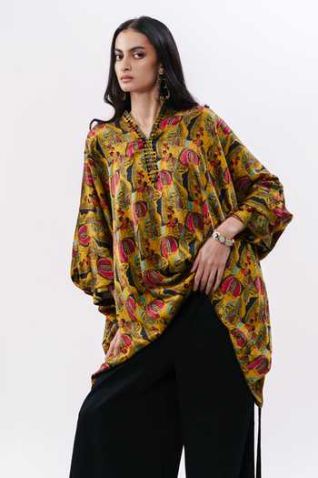 AK-OK Mustard Silk Mandarin Collar, Yes Printed Boxy Kurta Online at Aza Fashions AK-OK_Mustard Silk Mandarin Collar, Yes Printed Boxy Kurta _Online_at_Aza_Fashions