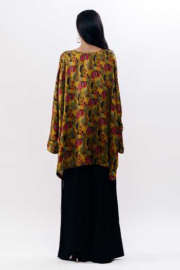 Shop AK-OK Mustard Silk Mandarin Collar, Yes Printed Boxy Kurta at Aza Fashions Shop_AK-OK_Mustard Silk Mandarin Collar, Yes Printed Boxy Kurta _at_Aza_Fashions