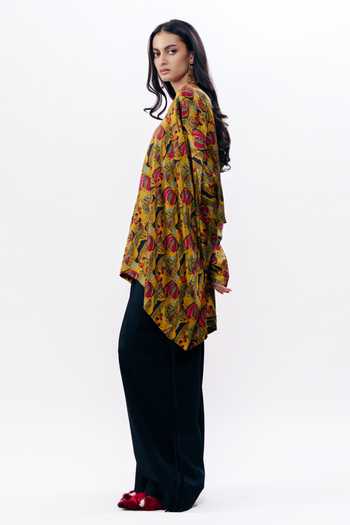 Buy AK-OK Mustard Silk Mandarin Collar, Yes Printed Boxy Kurta Online at Aza Fashions Buy_AK-OK_Mustard Silk Mandarin Collar, Yes Printed Boxy Kurta _Online_at_Aza_Fashions