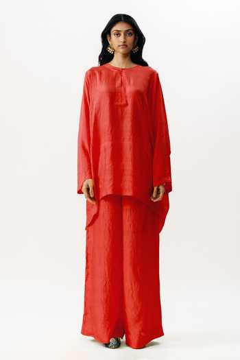 Buy AK-OK Red Silk Round Neck, Yes Short Boxy Kurta And Palazzo Set Online at Aza Fashions Buy_AK-OK_Red Silk Round Neck, Yes Short Boxy Kurta And Palazzo Set _Online_at_Aza_Fashions