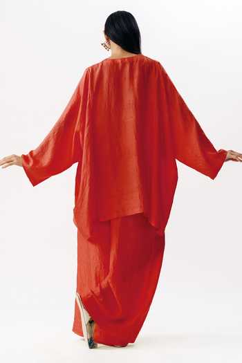 Shop AK-OK Red Silk Round Neck, Yes Short Boxy Kurta And Palazzo Set at Aza Fashions Shop_AK-OK_Red Silk Round Neck, Yes Short Boxy Kurta And Palazzo Set _at_Aza_Fashions