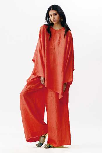 Buy AK-OK Red Silk Round Neck, Yes Short Boxy Kurta And Palazzo Set Buy_AK-OK_Red Silk Round Neck, Yes Short Boxy Kurta And Palazzo Set