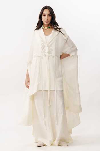 AK-OK Ivory Silk Open Neck, Border Embroidered Cape Skirt Set Online at Aza Fashions AK-OK_Ivory Silk Open Neck, Border Embroidered Cape Skirt Set _Online_at_Aza_Fashions
