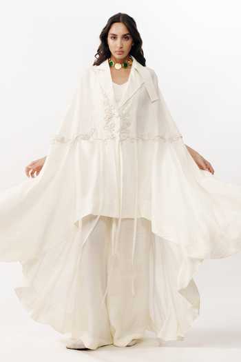 Shop AK-OK Ivory Silk Open Neck, Border Embroidered Cape Skirt Set Online at Aza Fashions Shop_AK-OK_Ivory Silk Open Neck, Border Embroidered Cape Skirt Set _Online_at_Aza_Fashions