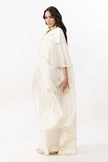 AK-OK Ivory Silk Open Neck, Border Embroidered Cape Skirt Set at Aza Fashions AK-OK_Ivory Silk Open Neck, Border Embroidered Cape Skirt Set _at_Aza_Fashions