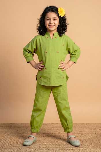 Petite Pomme Green Heart Embroidery Kurta Set 
