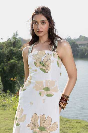 Akashi Clothing_Beige Cotton Square Neck Floral Print Dress _Online_at_Aza_Fashions