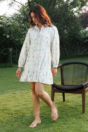 Akashi Clothing_Beige Cotton Collared Neck Floral Print Shirt Dress _Online_at_Aza_Fashions