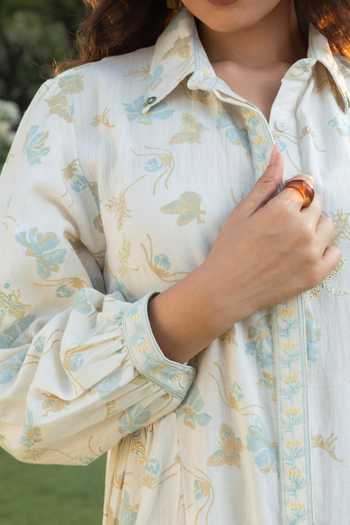 Buy_Akashi Clothing_Beige Cotton Collared Neck Floral Print Shirt Dress _Online_at_Aza_Fashions