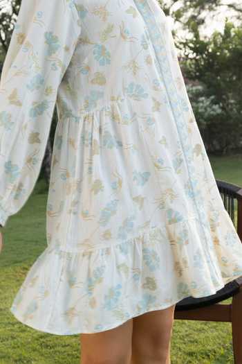 Akashi Clothing_Beige Cotton Collared Neck Floral Print Shirt Dress _at_Aza_Fashions