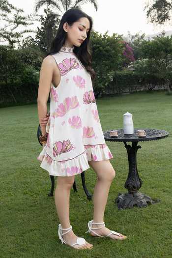 Akashi Clothing_Pink Cotton High Neck Hand Block Print Dress _Online_at_Aza_Fashions